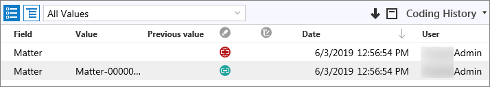 Coding History pane for entity item connections.